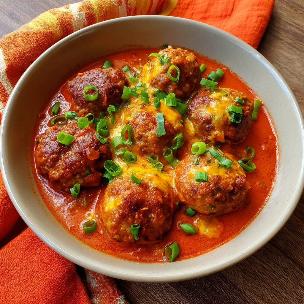 Überbackene Hackbällchen in Tomatensauce, garniert mit frischen Frühlingszwiebeln und geschmolzenem Käse.