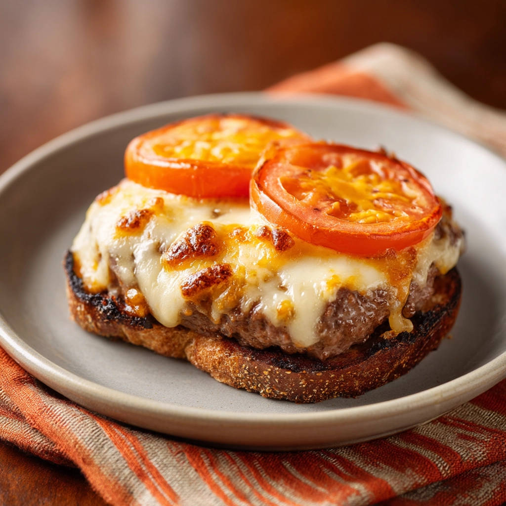 Überbackener Rinderhack-Toast mit geschmolzenem Käse und Tomatenscheiben, serviert auf einem Teller mit einem orangenen Tuch.
