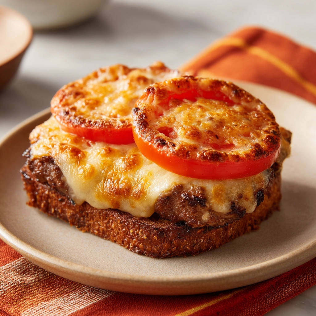 Überbackener Rinderhack-Toast mit geschmolzenem Käse und Tomaten, als Nahaufnahme auf einem Teller serviert.