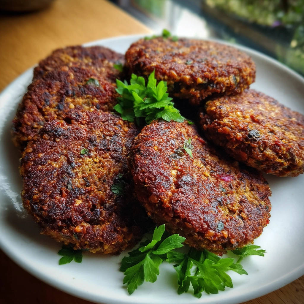 Vegane Bratlinge garniert mit frischer Petersilie auf einem weißen Teller, die Textur ist gut sichtbar.