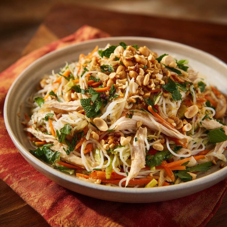 Vietnamesischer Nudelsalat mit Hähnchen, garniert mit Erdnüssen und frischen Kräutern in einer Schüssel.
