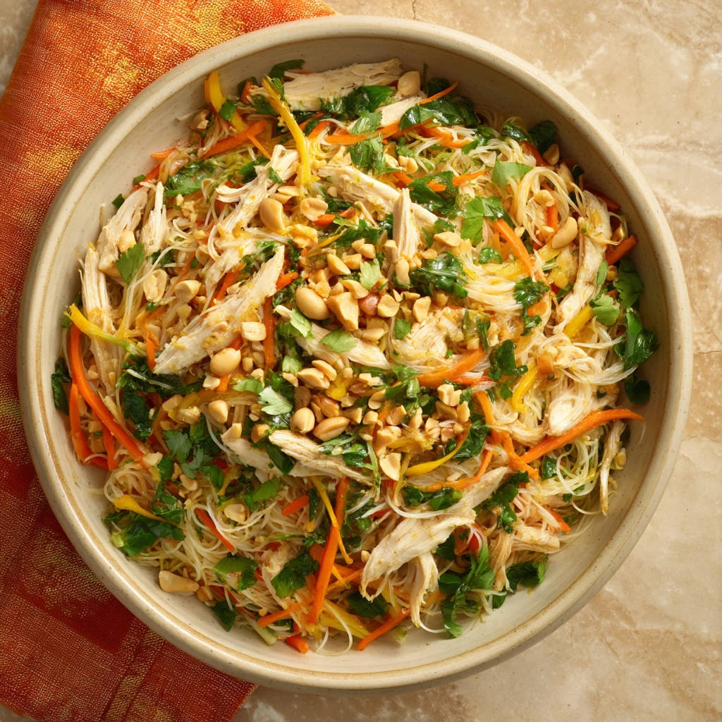 Vietnamesischer Nudelsalat mit Hähnchen, von oben in einer Schüssel mit Erdnüssen und Koriander serviert.