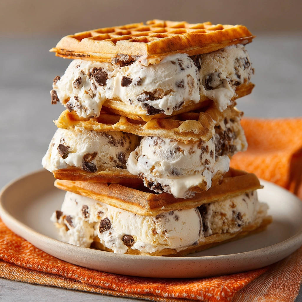 Waffel-Eis-Sandwich: Ein gestapeltes Dessert aus Waffeln und Eiscreme mit Schokostückchen auf einem Teller.