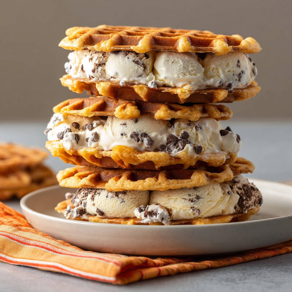 Waffel-Eis-Sandwich, gestapelt und in Nahaufnahme mit Schokoladenstückchen im Eis.