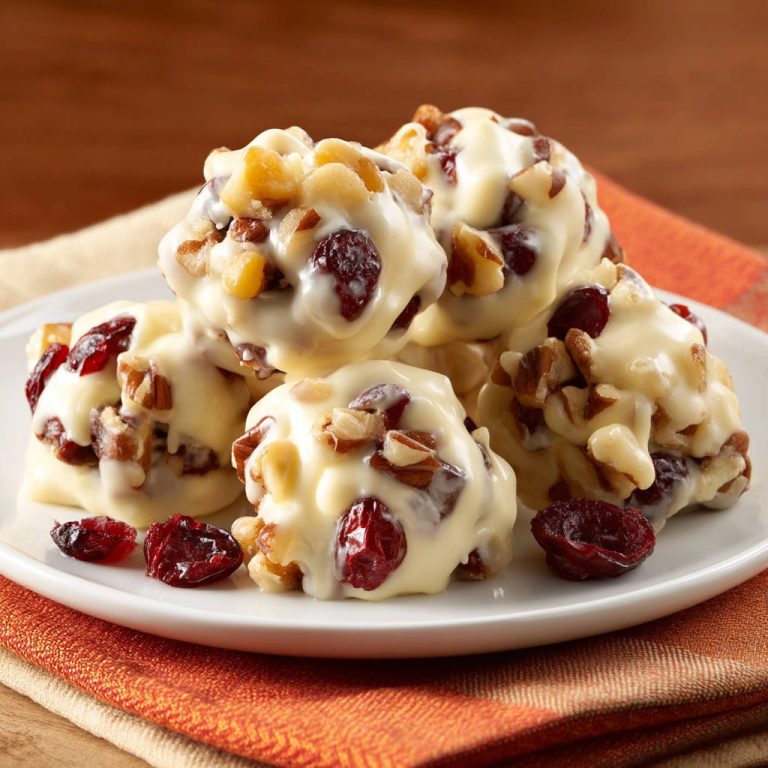 Weiße Schokoladen-Cranberry-Nuss-Cluster, nahaufnahme auf einem weißen Teller mit getrockneten Cranberries und Nüssen.