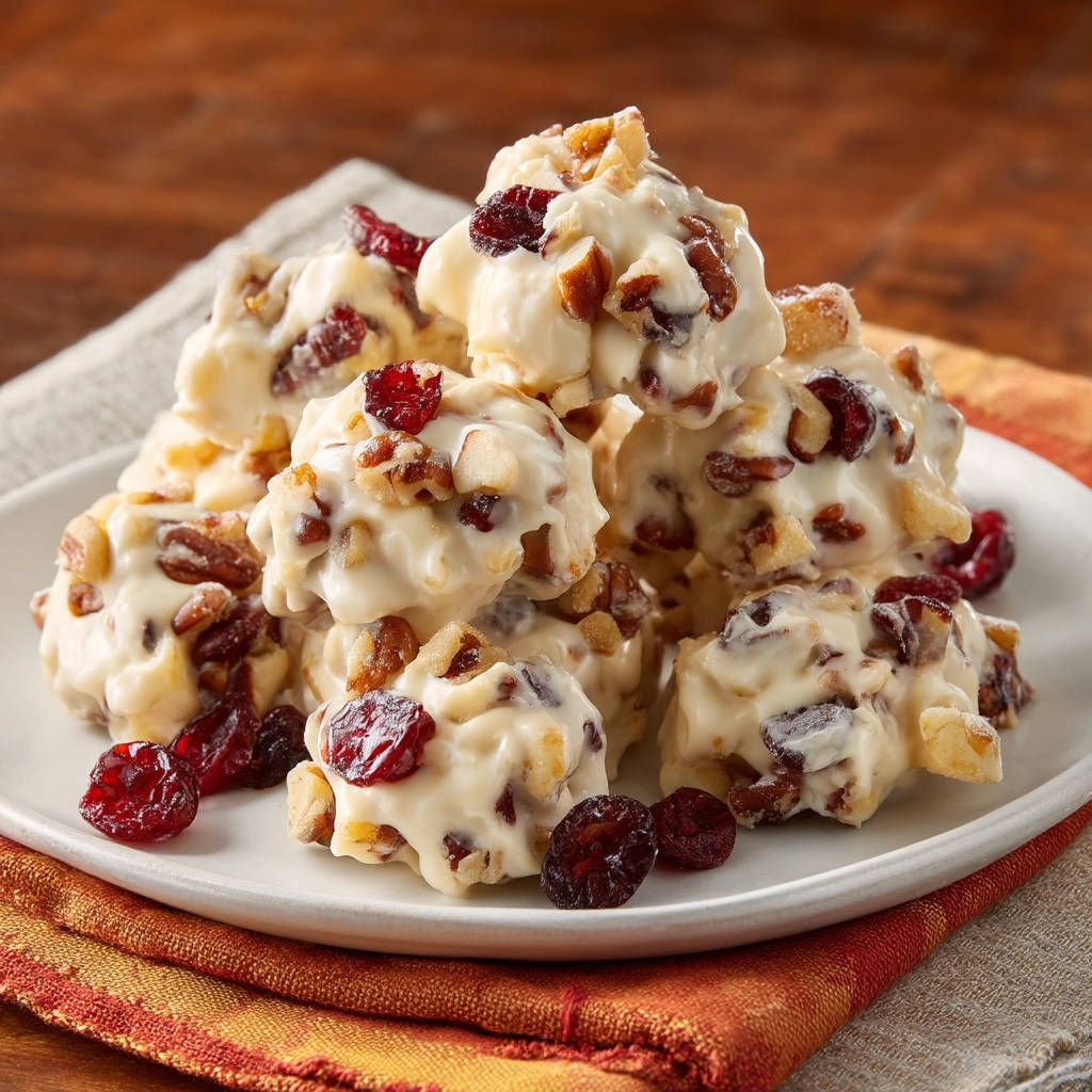 Weiße Schokoladen-Cranberry-Nuss-Cluster auf einem Teller, nah aufgenommen, mit getrockneten Cranberries und Nüssen im cremigen Überzug.