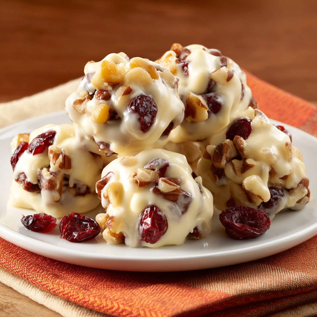 Weiße Schokoladen-Cranberry-Nuss-Cluster, nahaufnahme auf einem weißen Teller mit getrockneten Cranberries und Nüssen.
