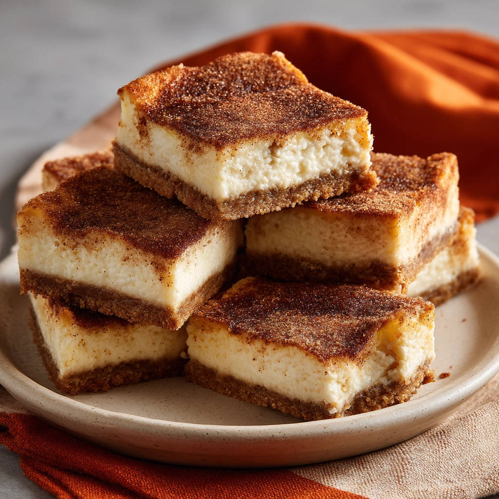 Zimt-Cheesecake-Schnitten als gestapelte, angeschnittene Quadrate mit knusprigem Boden und cremiger Füllung, bestreut mit Zimt.
