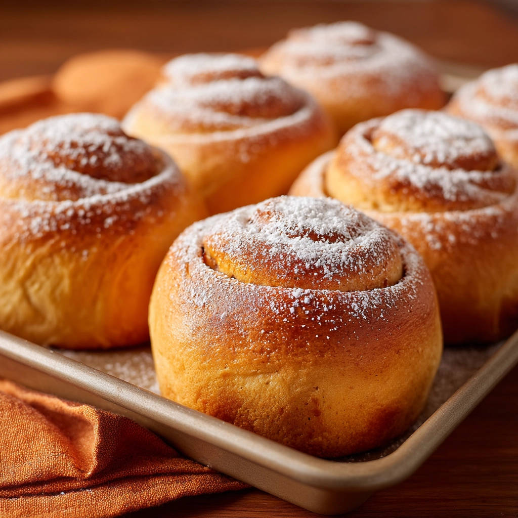 Zimtschnecken, frisch gebacken und mit Puderzucker bestreut, auf einem Backblech arrangiert.