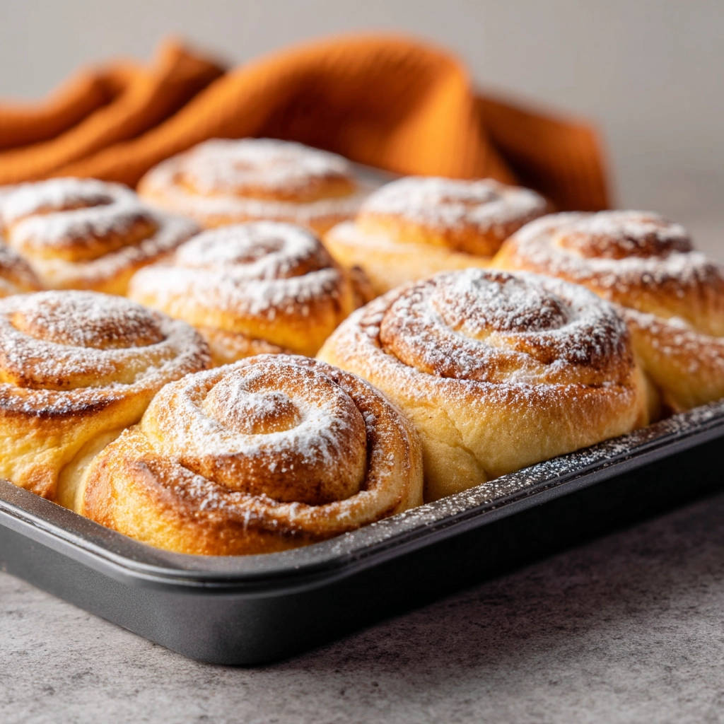 Zimtschnecken im Backblech, frisch gebacken und mit Puderzucker bestäubt, zeigen ihre saftige Textur.