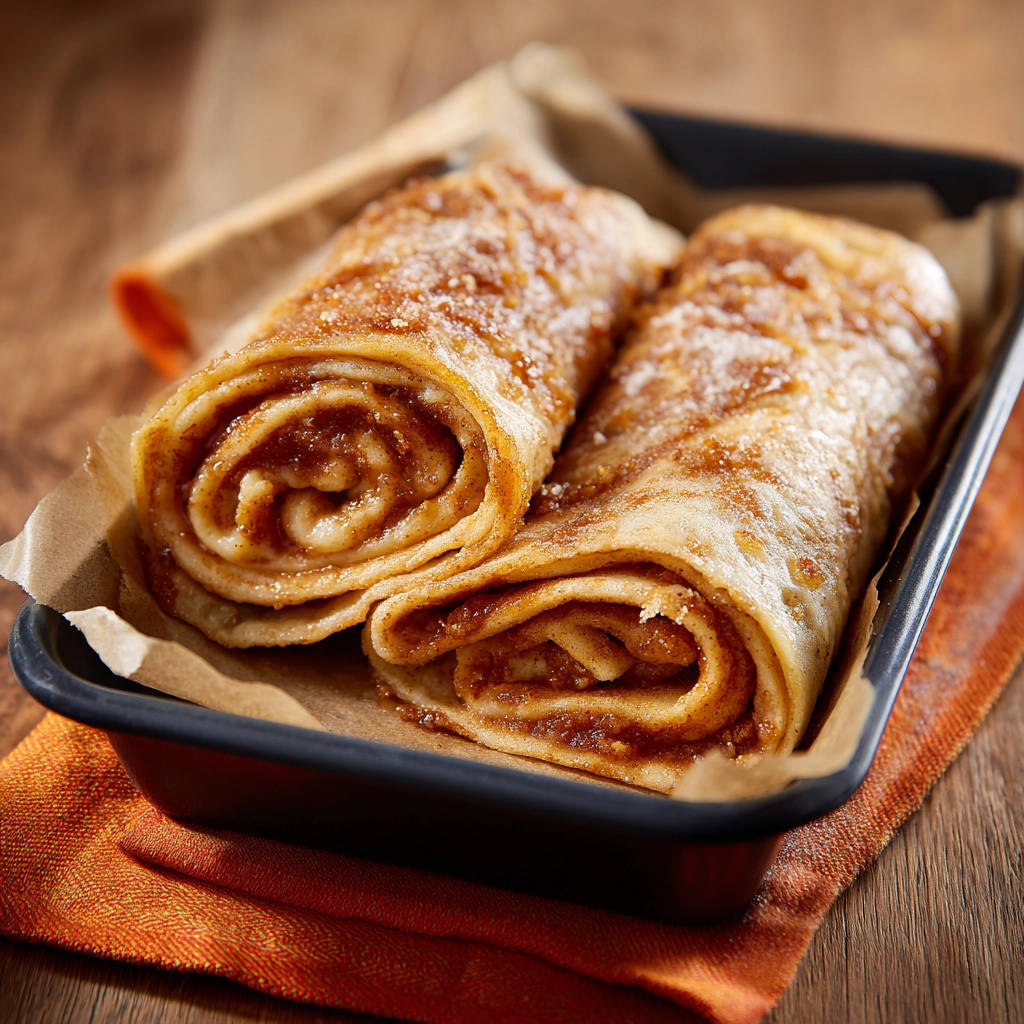 Zimtschnecken-Pfannkuchenrollen im Detail, mit sichtbarer saftiger Zimtfüllung und Teigschichten, serviert in einer Auflaufform.