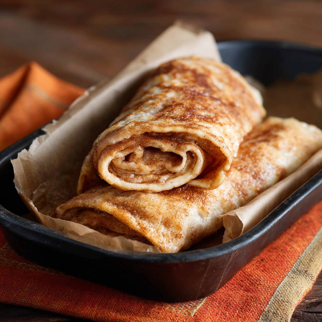Zimtschnecken-Pfannkuchenrollen als Nahaufnahme von gerollten Teigschnecken mit Zimtfüllung in einer schwarzen Form.
