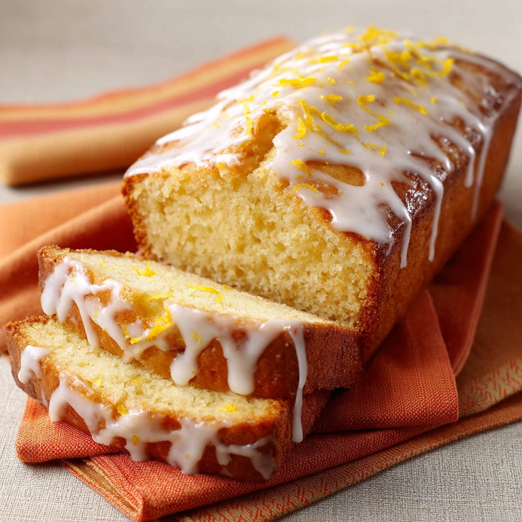 Saftiger Zitronen-Kastenkuchen angeschnitten mit Zitronenglasur und Zesten, der saftige Innenraum des Kuchens ist gut sichtbar.