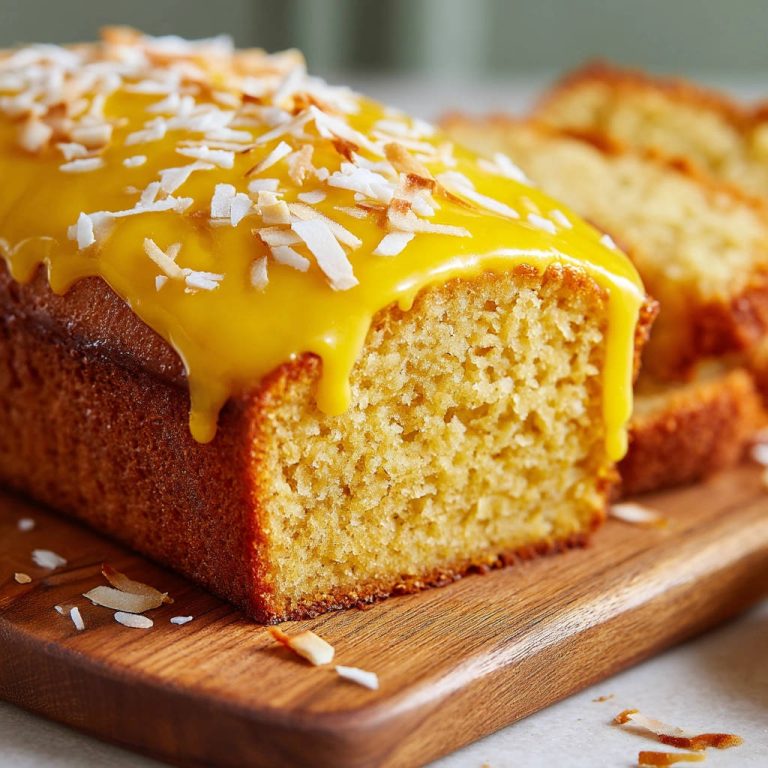 Saftiger Zitronen-Kokos-Kuchen mit gelber Glasur und Kokosraspeln, nahaufnahme des angerührten Teigs.