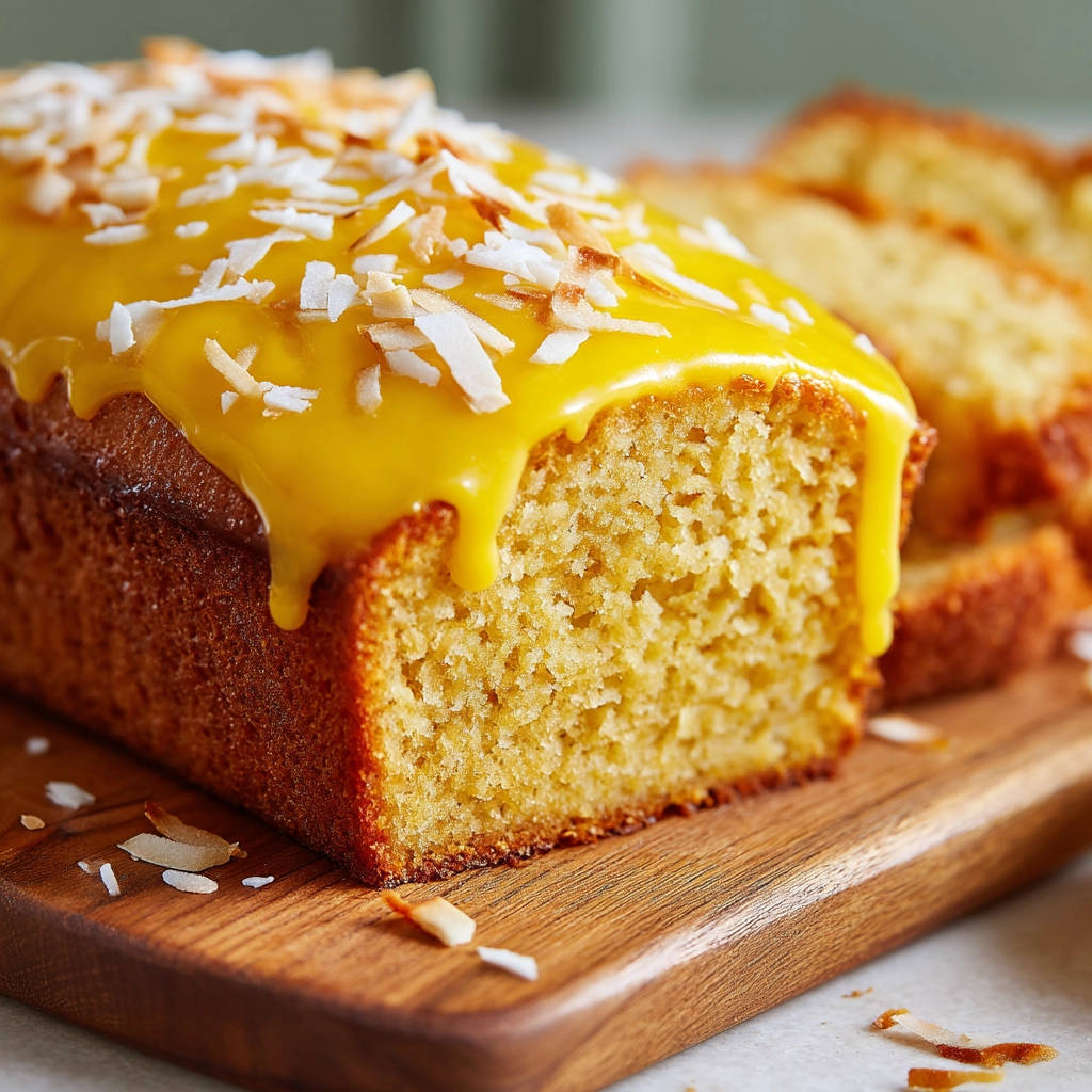 Saftiger Zitronen-Kokos-Kuchen mit gelber Glasur und Kokosraspeln, nahaufnahme des angerührten Teigs.