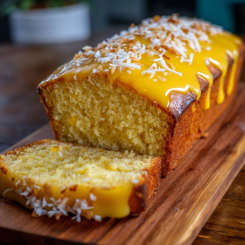 Saftiger Zitronen-Kokos-Kuchen angeschnitten mit leuchtend gelber Glasur und Kokosraspeln bestreut, auf einem Holzbrett serviert.