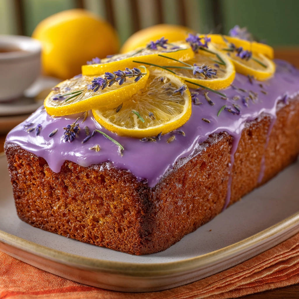 Zitronen-Lavendel-Kuchen mit lila Glasur, garniert mit Zitronenscheiben und Lavendelblüten.