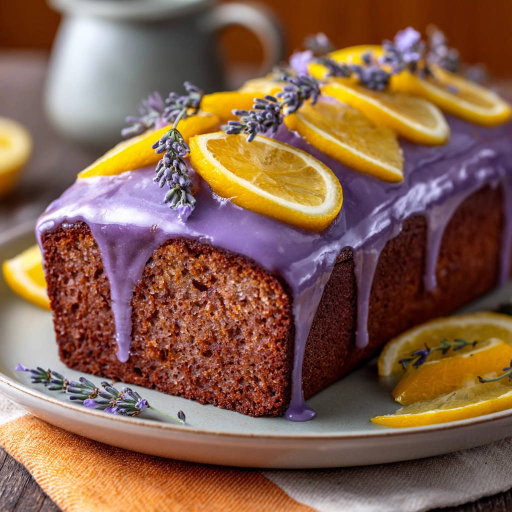 Zitronen-Lavendel-Kuchen mit lila Glasur, garniert mit Zitronenscheiben und Lavendelblüten auf einem Teller.