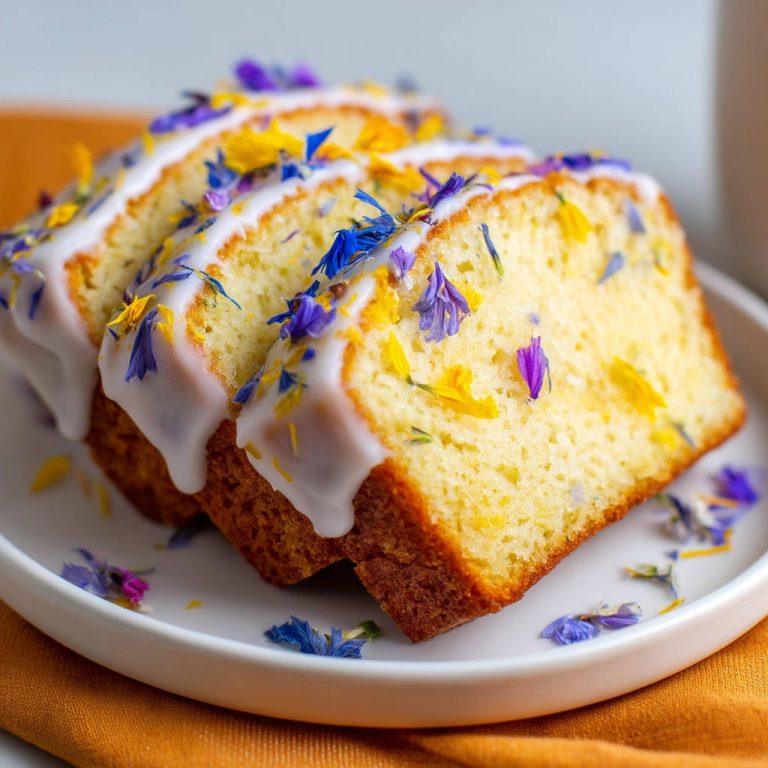 Saftiger Zitronenkuchen mit Zuckerguss und Blüten, angeschnitten auf einem Teller mit Nahaufnahme der Textur und Dekoration.