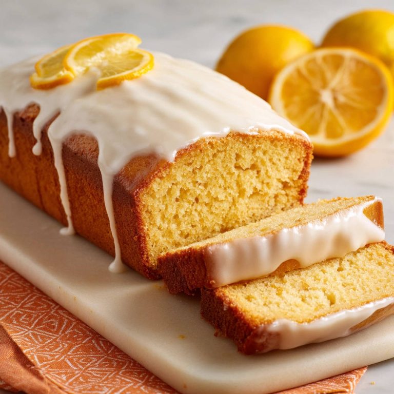 Saftiger Zitronenkuchen aus der Kastenform angeschnitten mit Zitronenglasur und garniert mit Zitronenscheiben