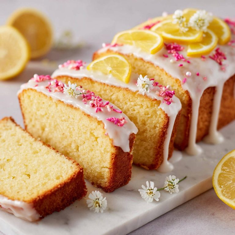 Saftiger Zitronenkuchen angeschnitten mit Zuckerguss und Streuseln, garniert mit Zitronenscheiben und Blumen.