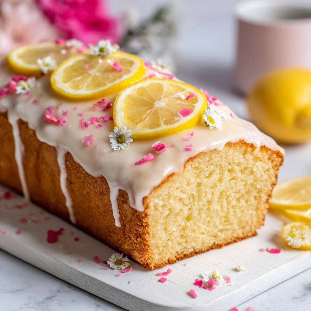 Saftiger Zitronenkuchen, verziert mit frischen Zitronenscheiben, kleinen Blüten und rosa Streuseln, zeigt die saftige Textur.