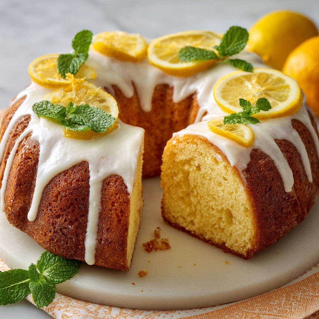 Saftiger Zitronenkuchen Gugelhupfform angeschnitten, zeigt die feuchte Krume und Zitronenscheiben-Garnitur.