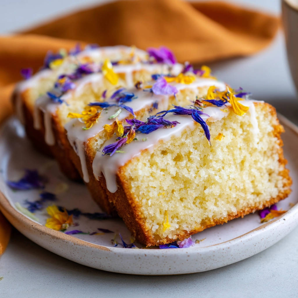 Saftiger Zitronenkuchen mit Zuckerguss und Blüten, angeschnitten und auf einem Teller präsentiert mit essbaren Blüten garniert.