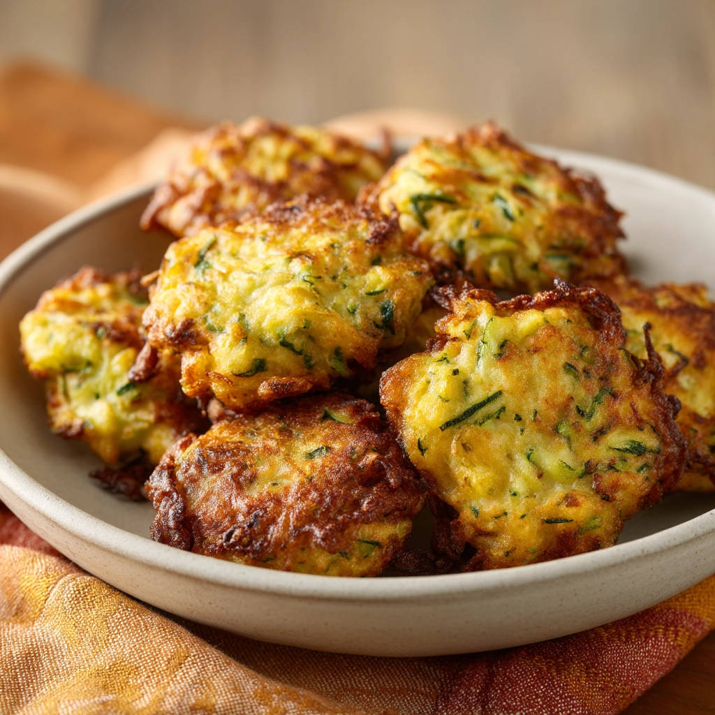 Zucchini Puffer: Das Geheimnis super knuspriger Bratlinge als Nahaufnahme in einer Schüssel auf einem Tuch arrangiert