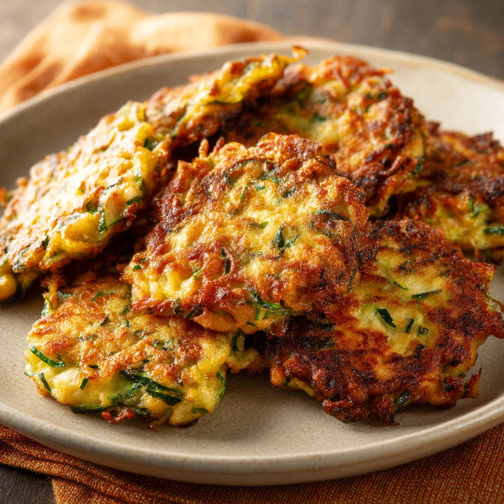 Zucchini Puffer: Nahaufnahme von goldbraunen, knusprigen Bratlingen auf einem Teller, die im Fokus liegen.
