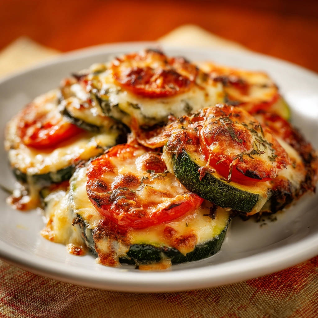 Zucchini-Tomaten-Gratin mit geschmolzenem Käse und Kräutern, nahaufnahme der überbackenen Scheiben