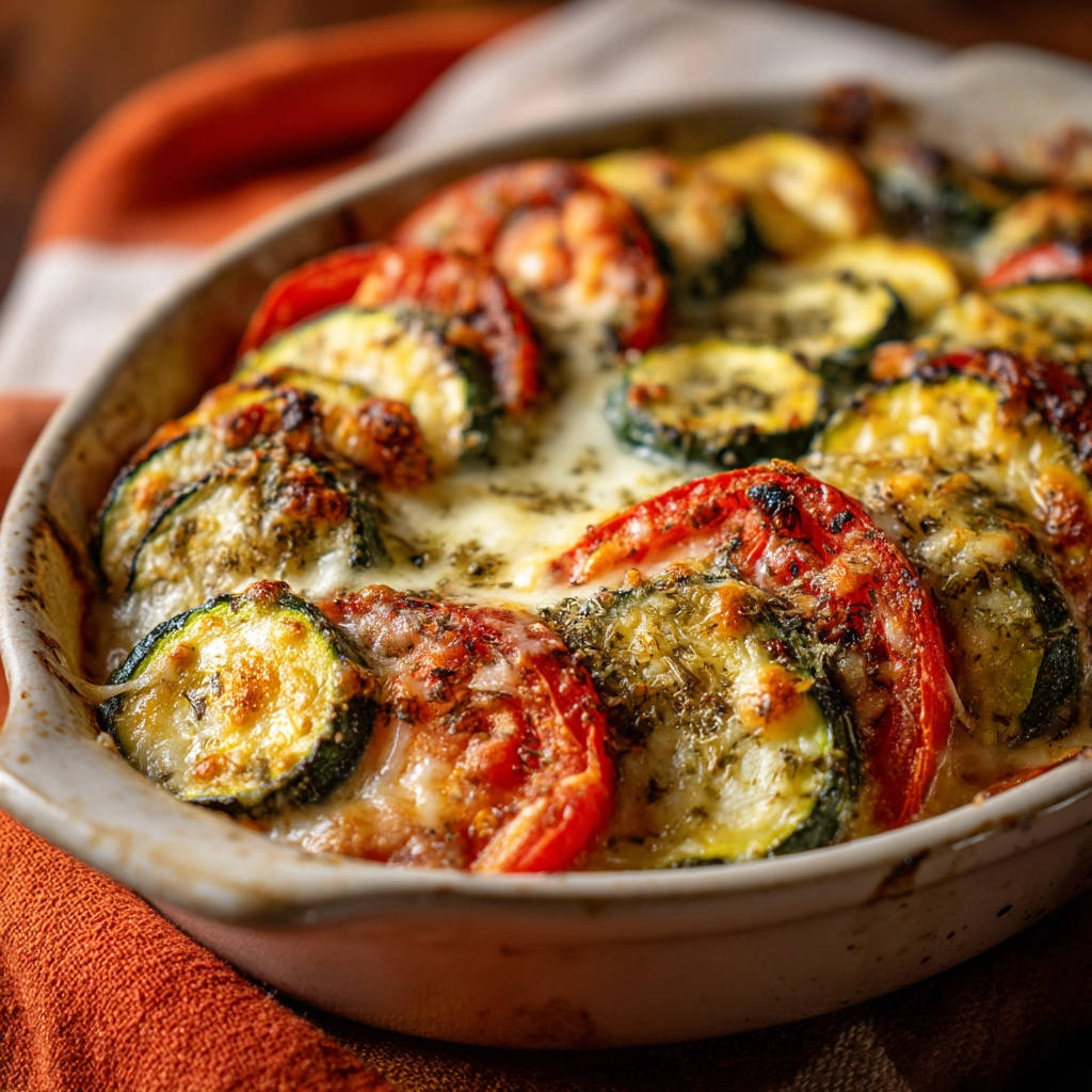 Zucchini-Tomaten-Gratin nahaufnahme mit geschmolzenem Käse und Kräutern, frisch aus dem Ofen.
