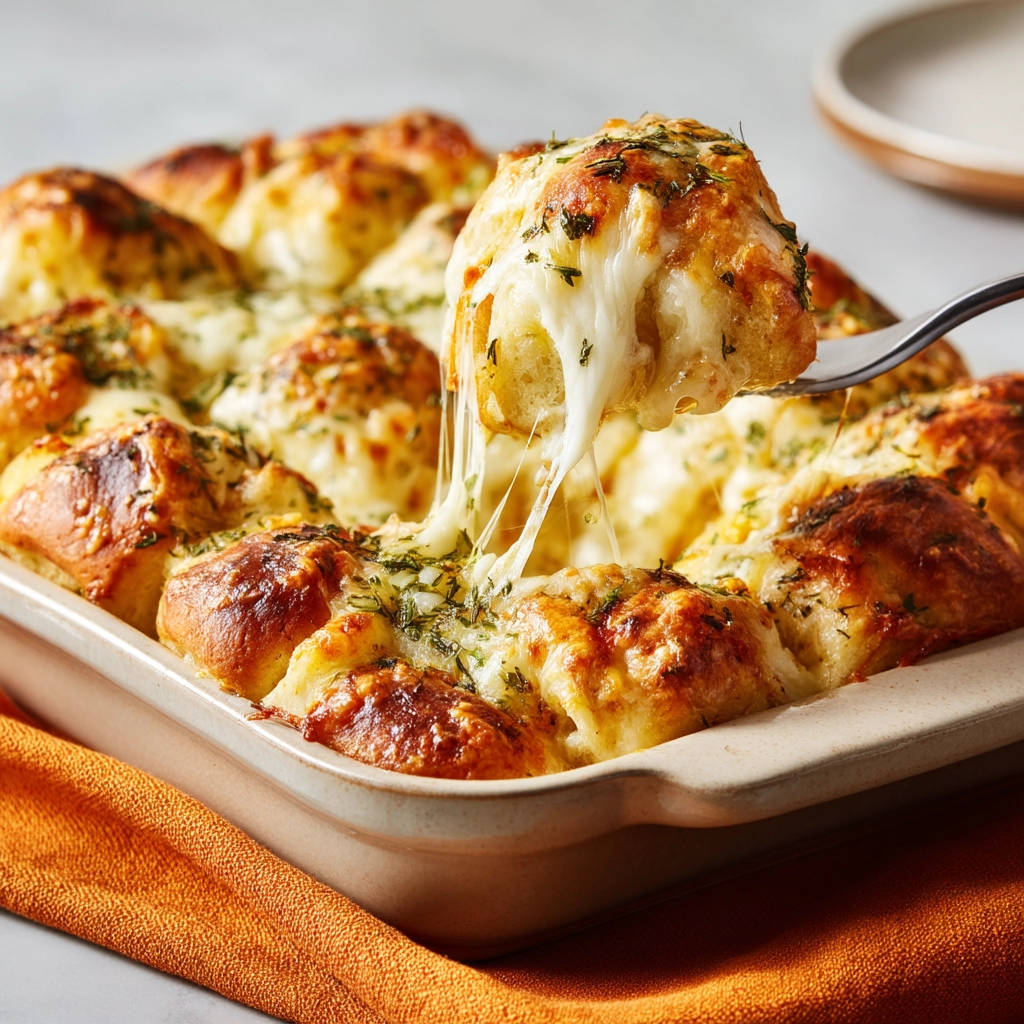 Zupfbrot mit Käse und Knoblauch – ein einzelnes Stück wird mit Käsefäden aus dem Auflauf gehoben.