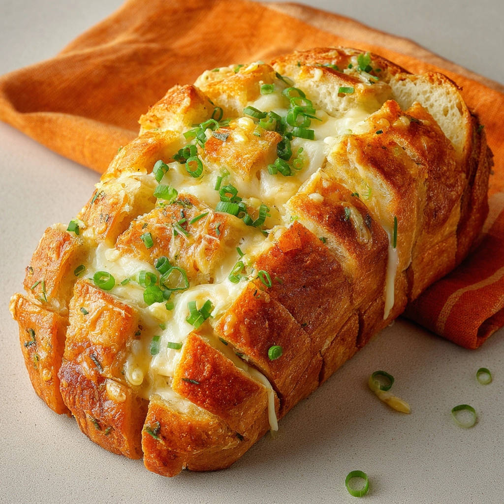 Zupfbrot mit Käse und Kräutern angeschnitten, mit geschmolzenem Käse und frischen Frühlingszwiebeln garniert.