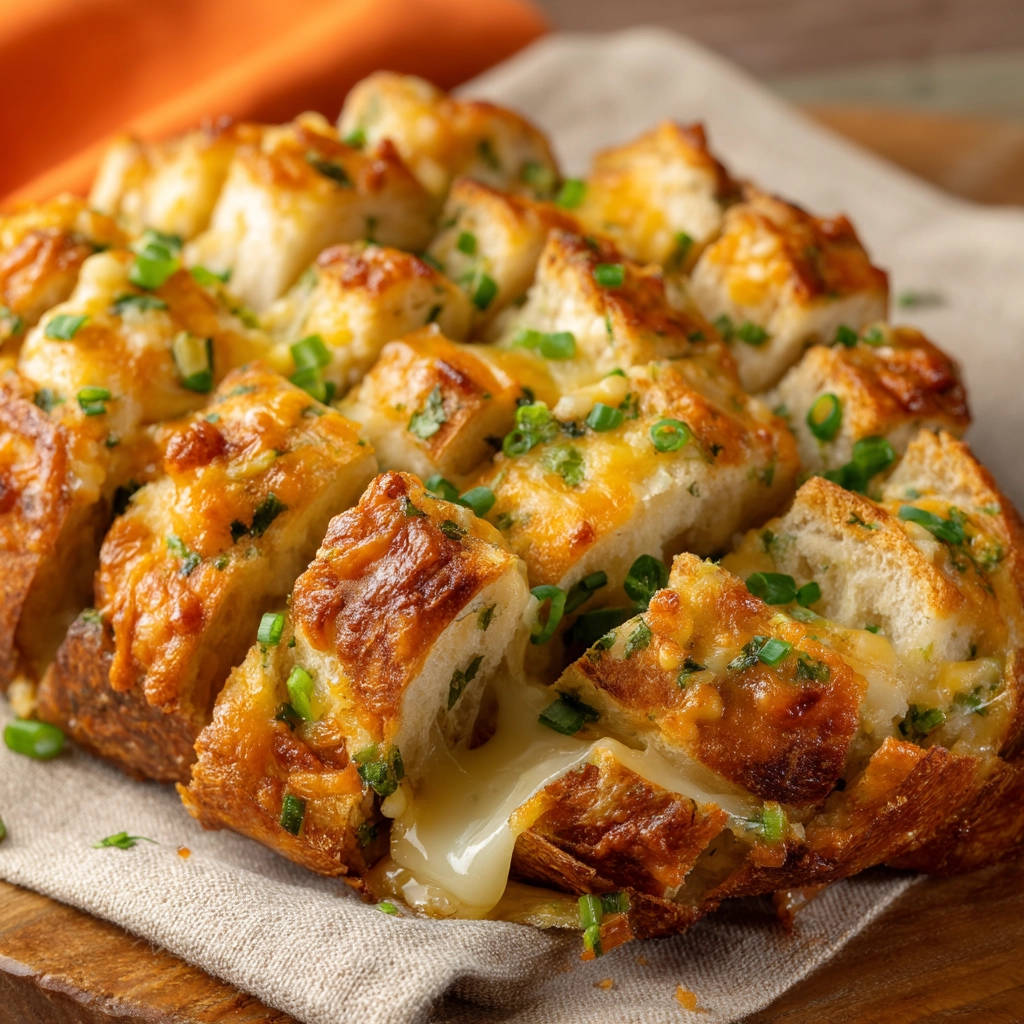 Zupfbrot mit Käse und Kräutern angeschnitten, zeigt das geschmolzene Käseinnere und goldbraune Krusten.