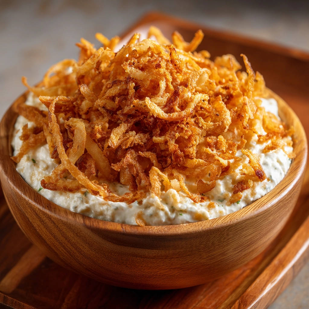 Zwiebel-Dip mit knusprigen Röstzwiebeln als Topping in einer Holzschale, Nahaufnahme der Textur.
