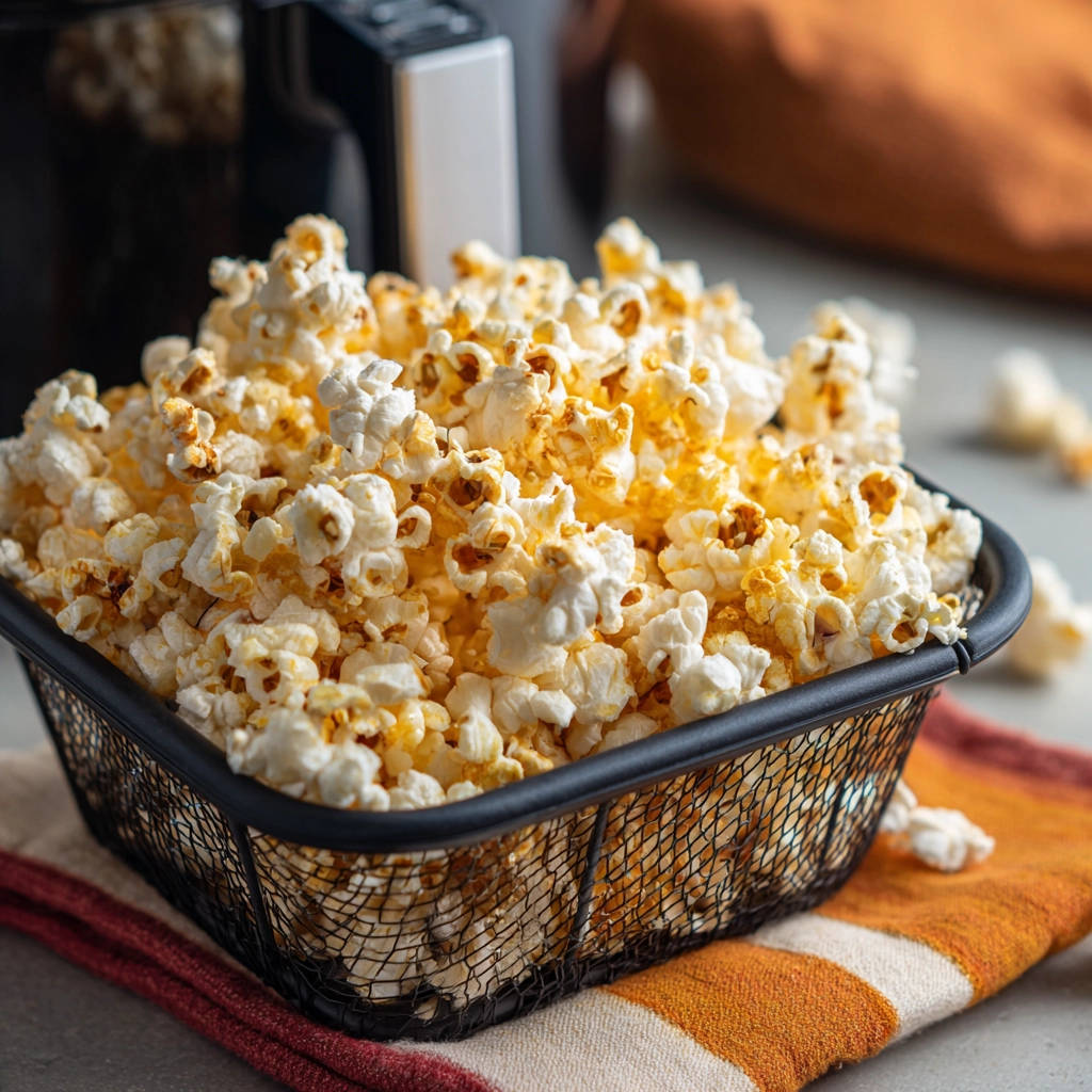 Airfryer Popcorn in einem Drahtkorb mit Nahaufnahme der fluffigen Textur und leicht gebräunten Stellen.