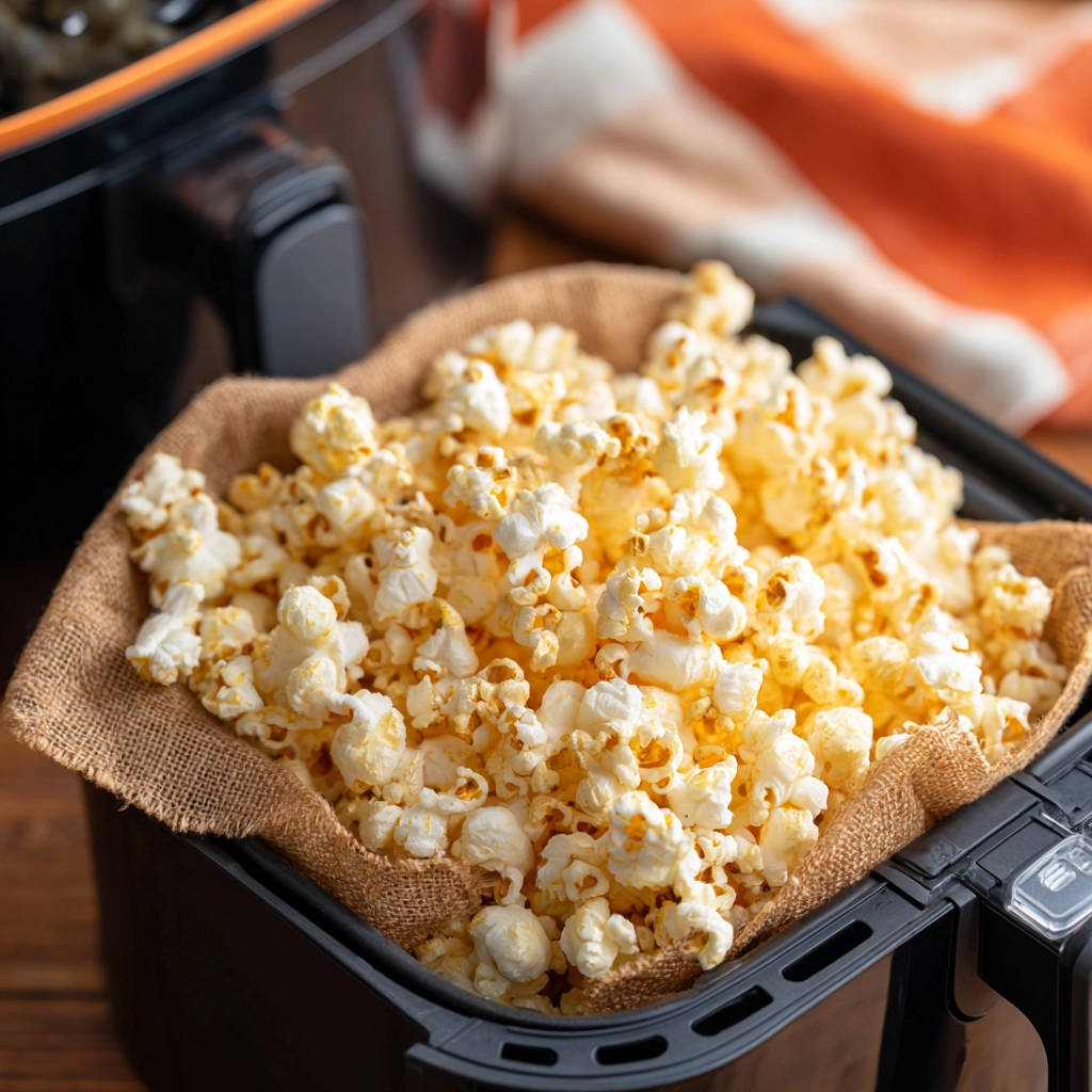 Airfryer Popcorn im Korb, frisch zubereitet und in einem Burlap-Liner serviert