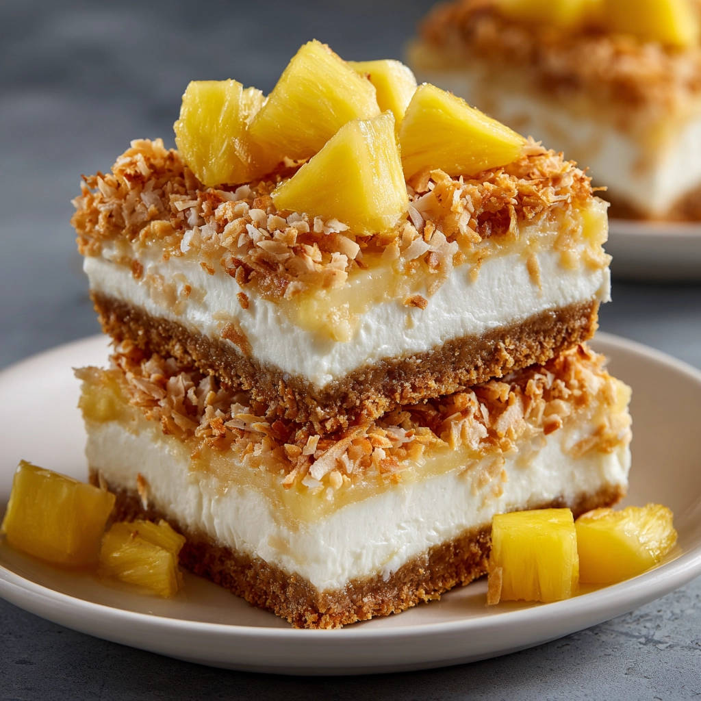 Ananas-Kokos Schnitten ohne Backen als gestapelte Portion mit frischen Ananasstücken garniert auf einem Teller.