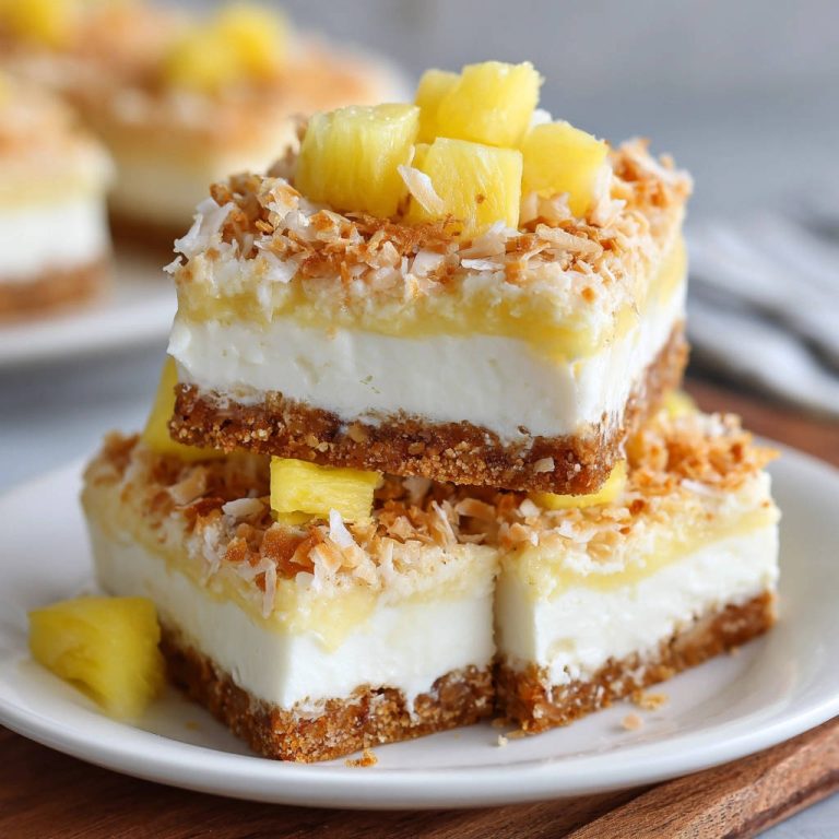Ananas-Kokos Schnitten ohne Backen im Nahaufnahme-Querschnitt mit Ananasstücken und gerösteter Kokosnuss garniert.