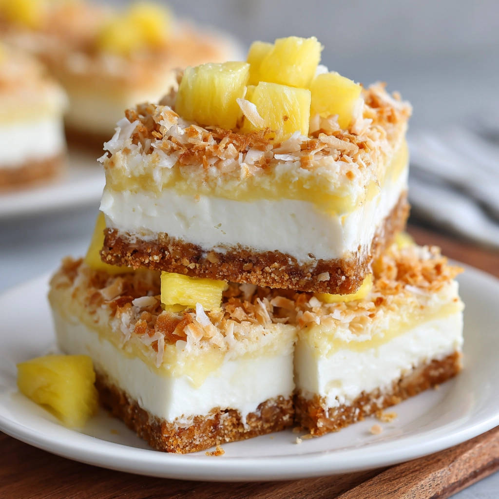 Ananas-Kokos Schnitten ohne Backen im Nahaufnahme-Querschnitt mit Ananasstücken und gerösteter Kokosnuss garniert.