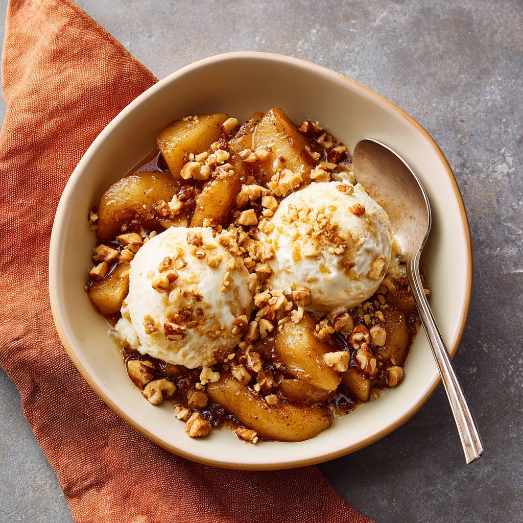 Apfel Crumble mit Vanilleeis und knusprigem Nuss-Topping als Nahaufnahme, serviert in einer Schüssel.