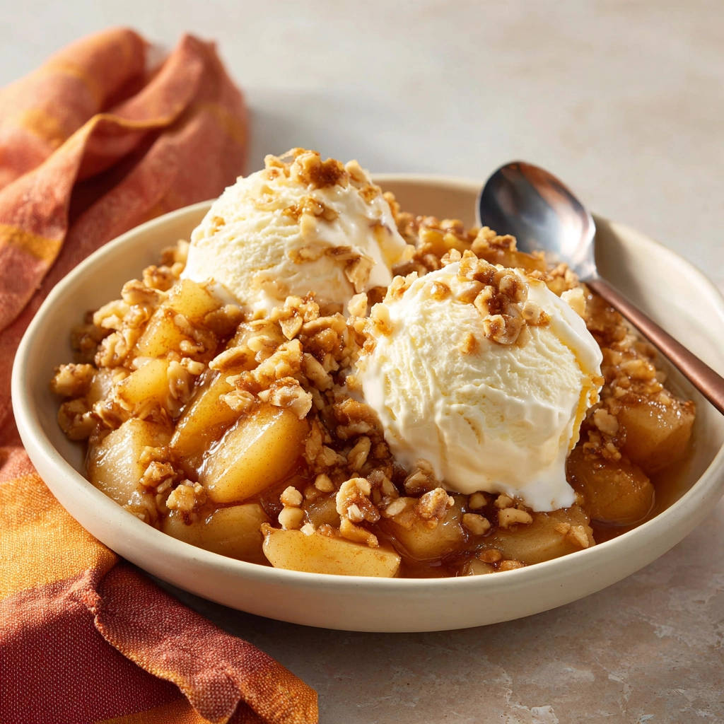 Apfel Crumble mit Vanilleeis, serviert in einer Schüssel mit zwei Kugeln Vanilleeis und knusprigem Nuss-Topping.