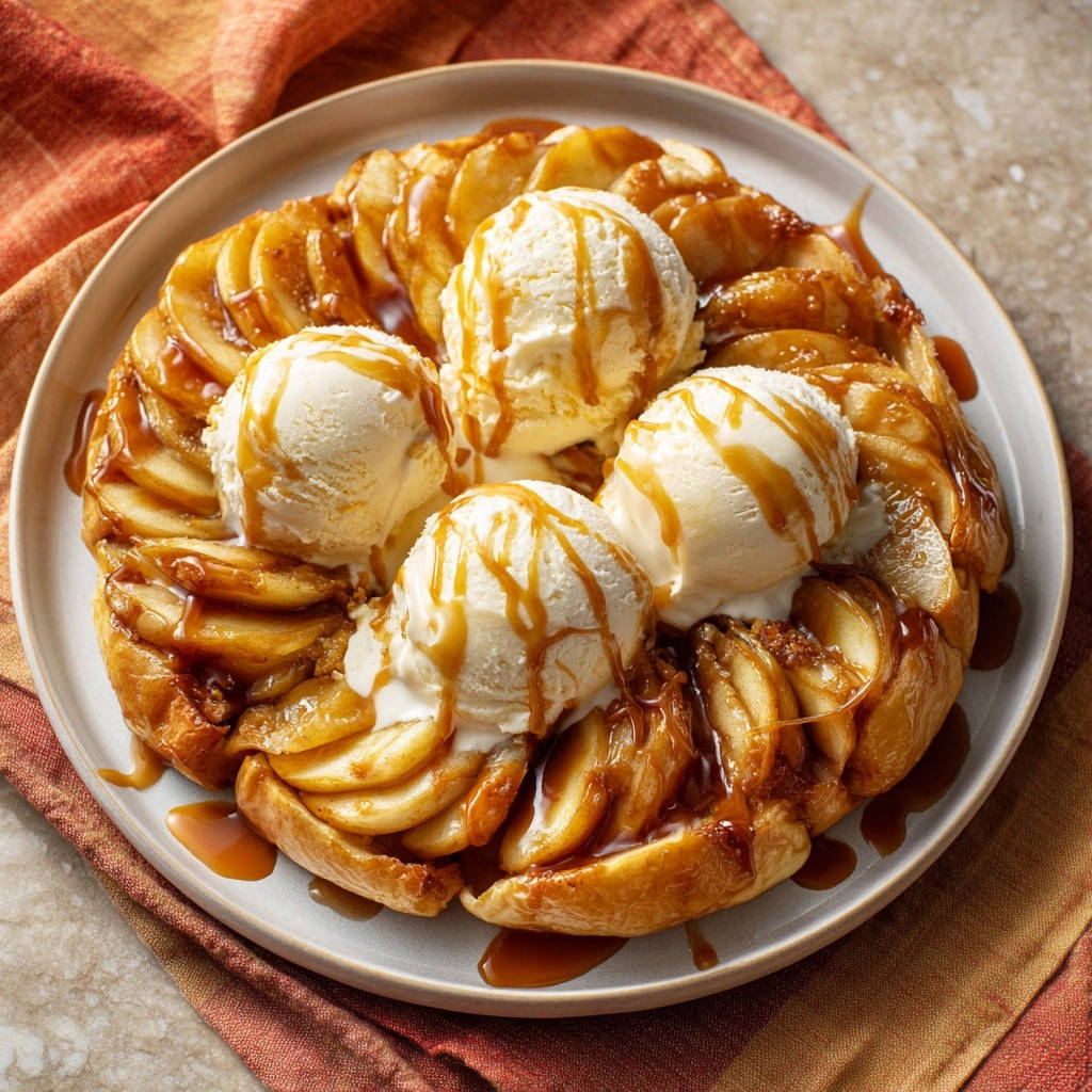 Apfel-Törtchen mit Eis und Karamell als Nahaufnahme auf einem Teller, mit geschmolzenem Eis und Karamellsauce beträufelt.