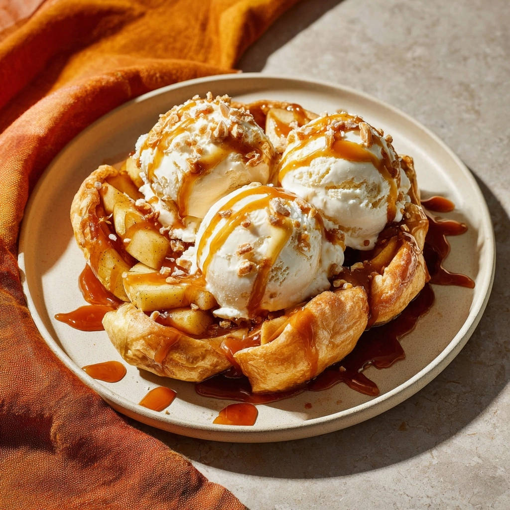 Apfel-Törtchen mit Eis und Karamell, serviert auf einem Teller mit reichlich Karamellsauce und Nüssen garniert.