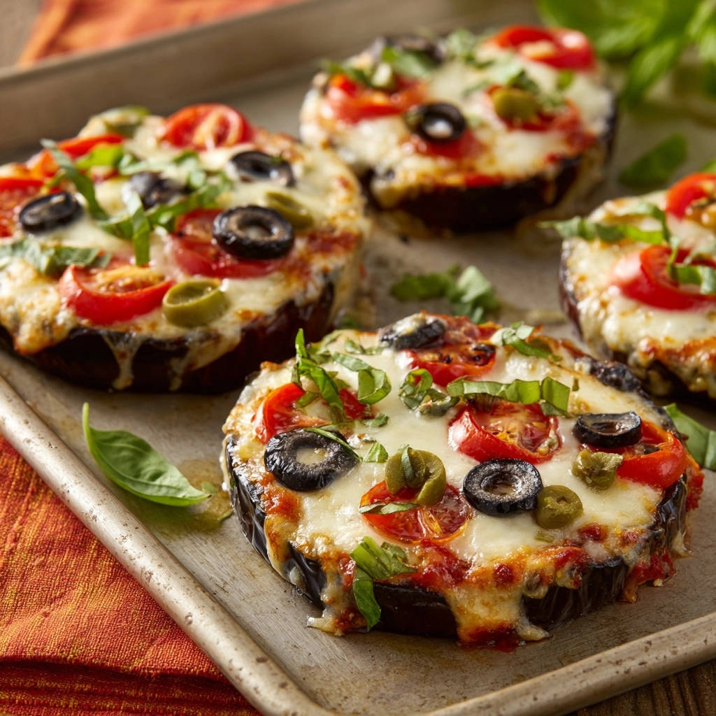 Auberginen Pizza-Snacks mit geschmolzenem Käse und Oliven, nahaufnahme auf einem Backblech präsentiert
