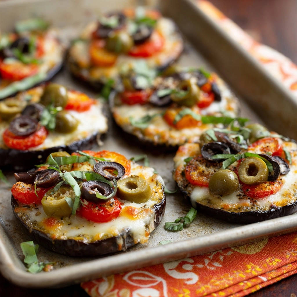 Auberginen Pizza-Snacks, nahaufnahme der frisch gebackenen Snacks mit geschmolzenem Käse, Tomaten, Oliven und Basilikum garniert.