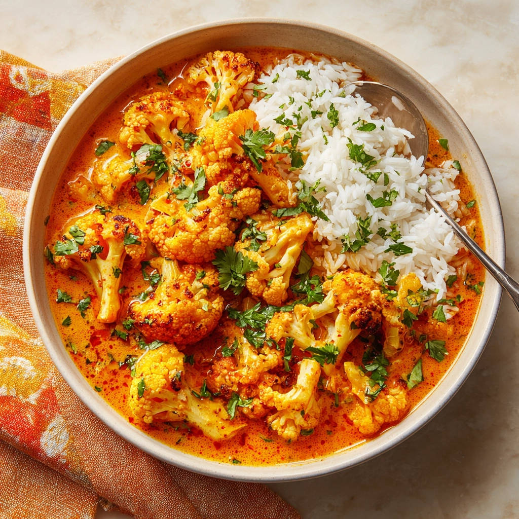Blumenkohl Curry in einer Schüssel mit Reis und frischer Petersilie, serviert von oben mit einem Löffel