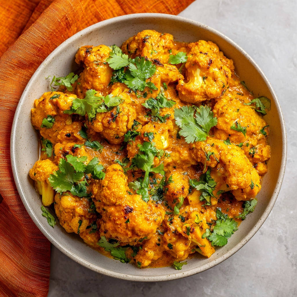 Blumenkohl Curry nicht matschig serviert in einer Schüssel, cremig mit frischem Koriander garniert