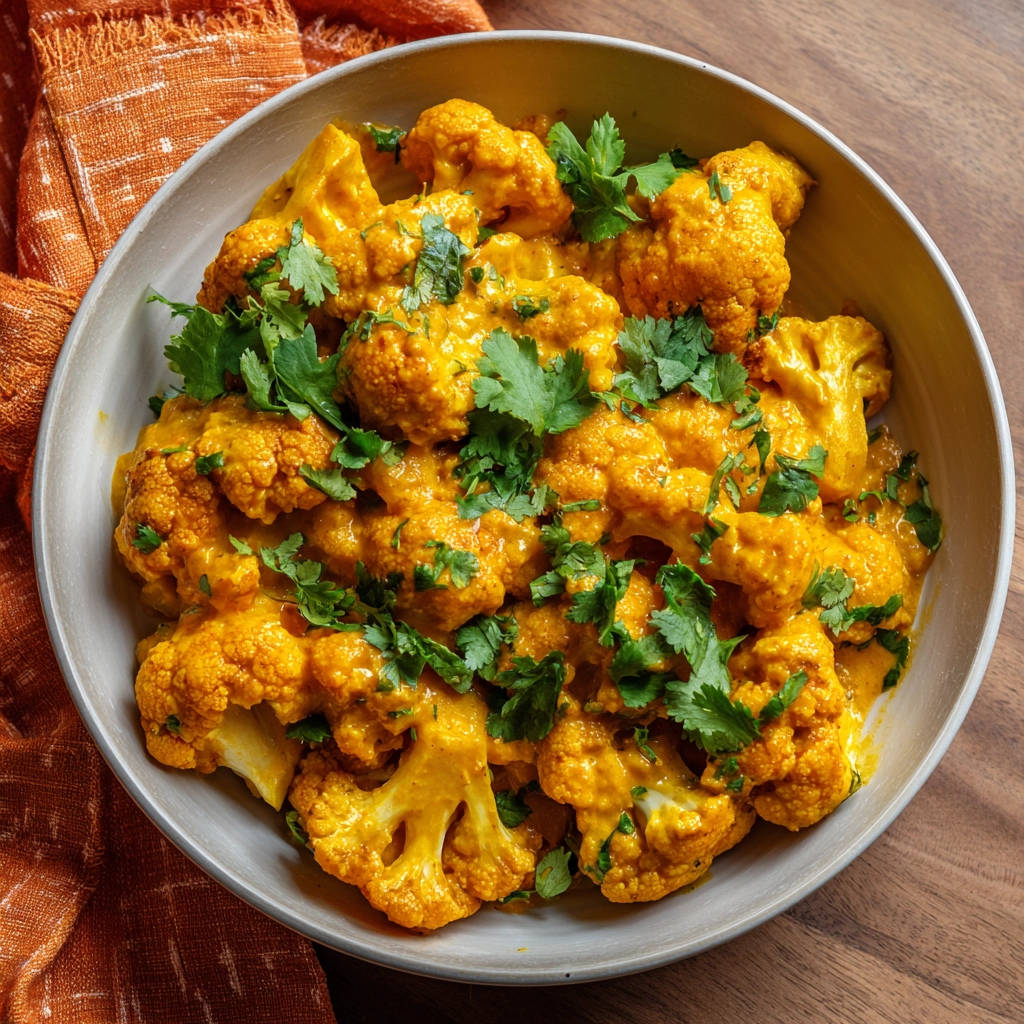 Blumenkohl Curry serviert in einer Schüssel, garniert mit frischem Koriander und cremiger Sauce